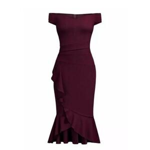 Knitee Off Shoulder V-Neck Ruffle Pleat Waist Bodycon Evening Cocktail Dress S